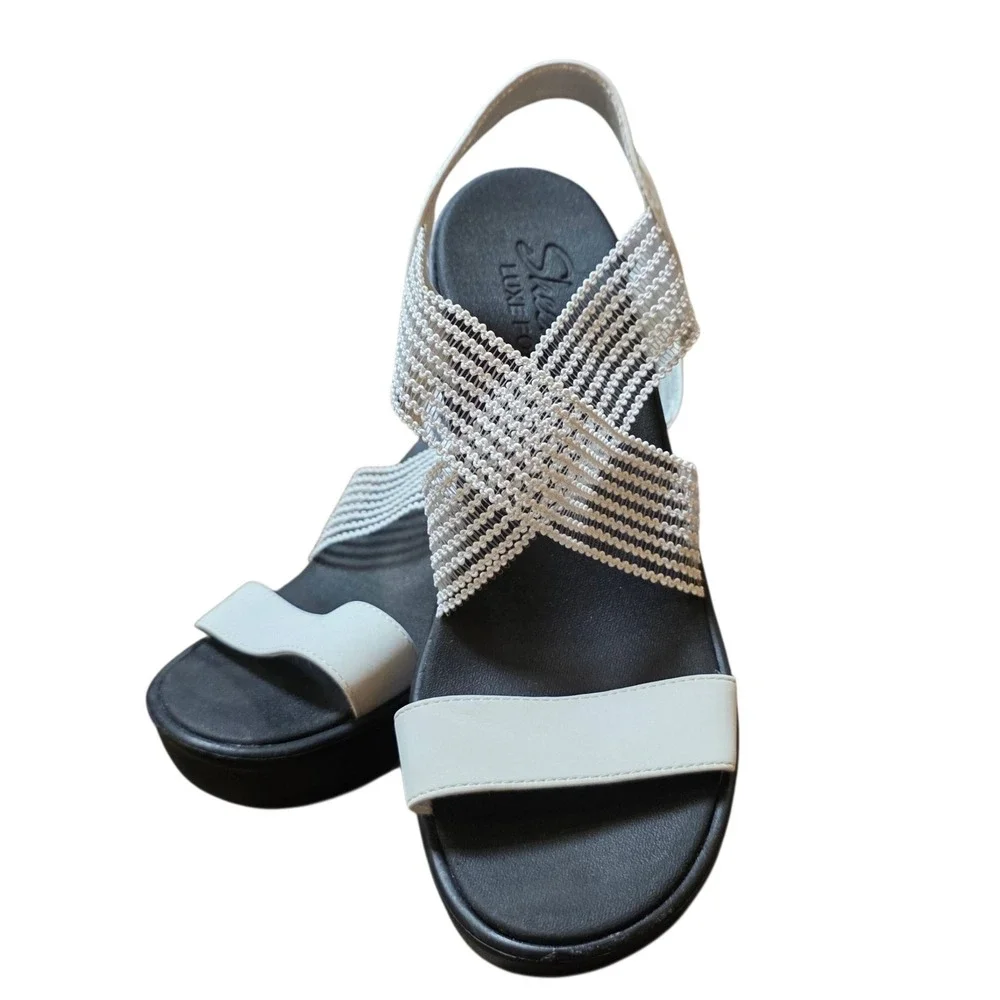 Skechers Rumble On Wedge Platform Sandals Elastic Strap Casual Comfort Shoe Sz 8